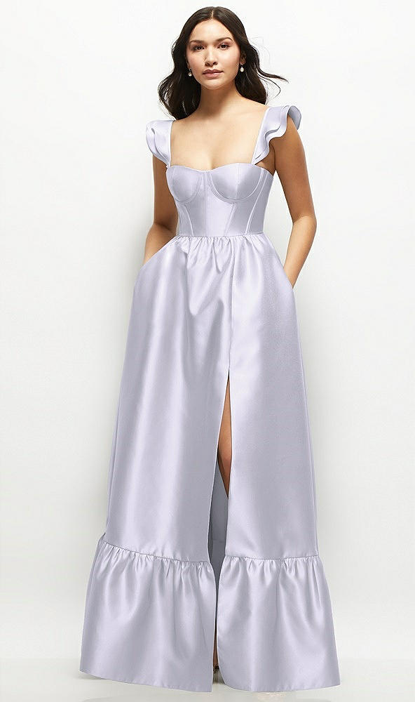 Front View - Silver Dove Satin Corset Maxi Dress with Ruffle Straps & Skirt
