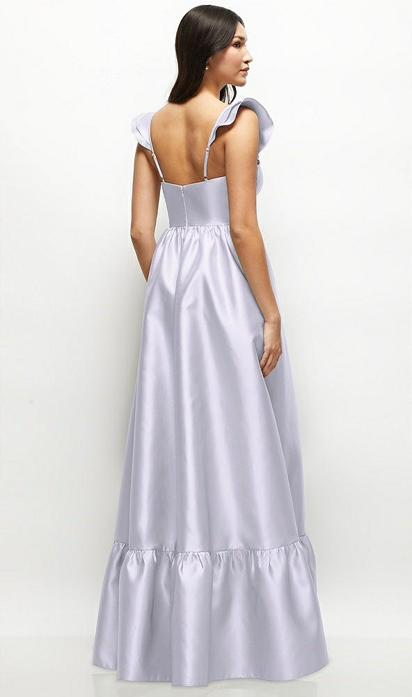 Back View - Silver Dove Satin Corset Maxi Dress with Ruffle Straps & Skirt