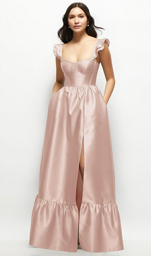 Front View - Toasted Sugar Satin Corset Maxi Dress with Ruffle Straps & Skirt