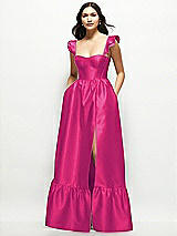 Front View Thumbnail - Think Pink Satin Corset Maxi Dress with Ruffle Straps & Skirt