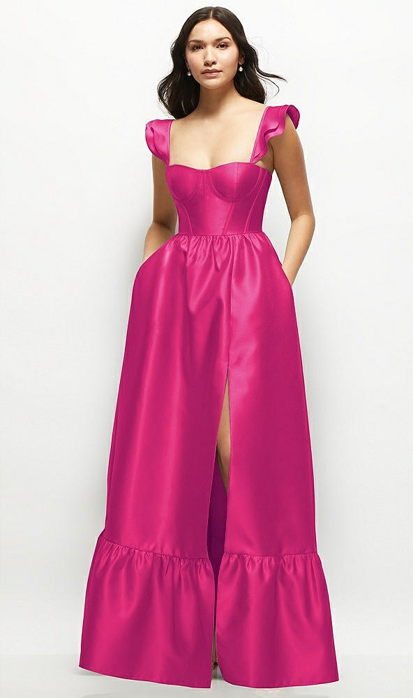 Front View - Think Pink Satin Corset Maxi Dress with Ruffle Straps & Skirt