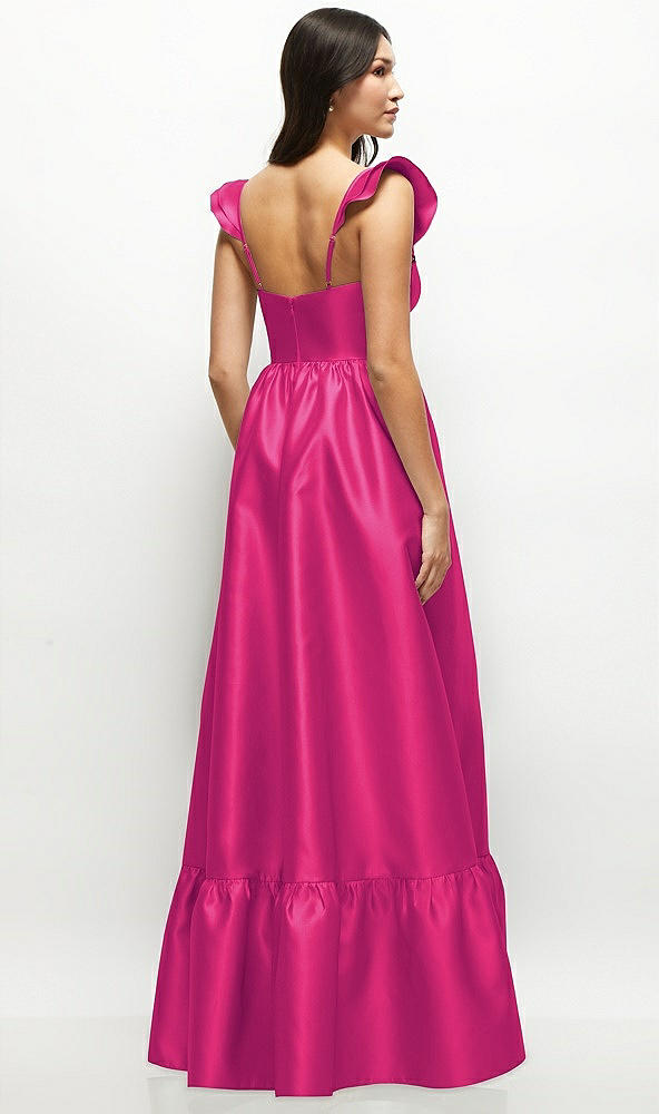 Back View - Think Pink Satin Corset Maxi Dress with Ruffle Straps & Skirt