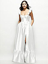 Front View Thumbnail - White Satin Corset Maxi Dress with Ruffle Straps & Skirt