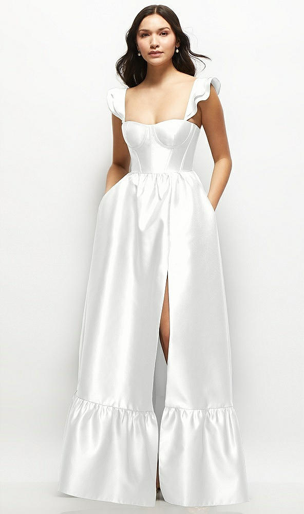 Front View - White Satin Corset Maxi Dress with Ruffle Straps & Skirt