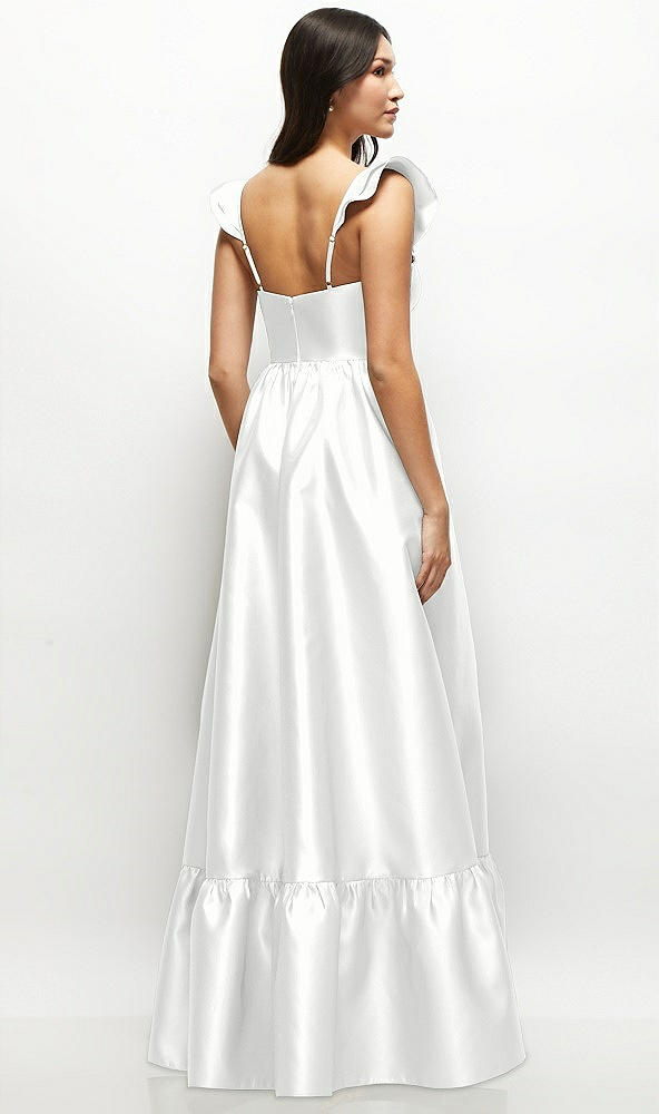 Back View - White Satin Corset Maxi Dress with Ruffle Straps & Skirt