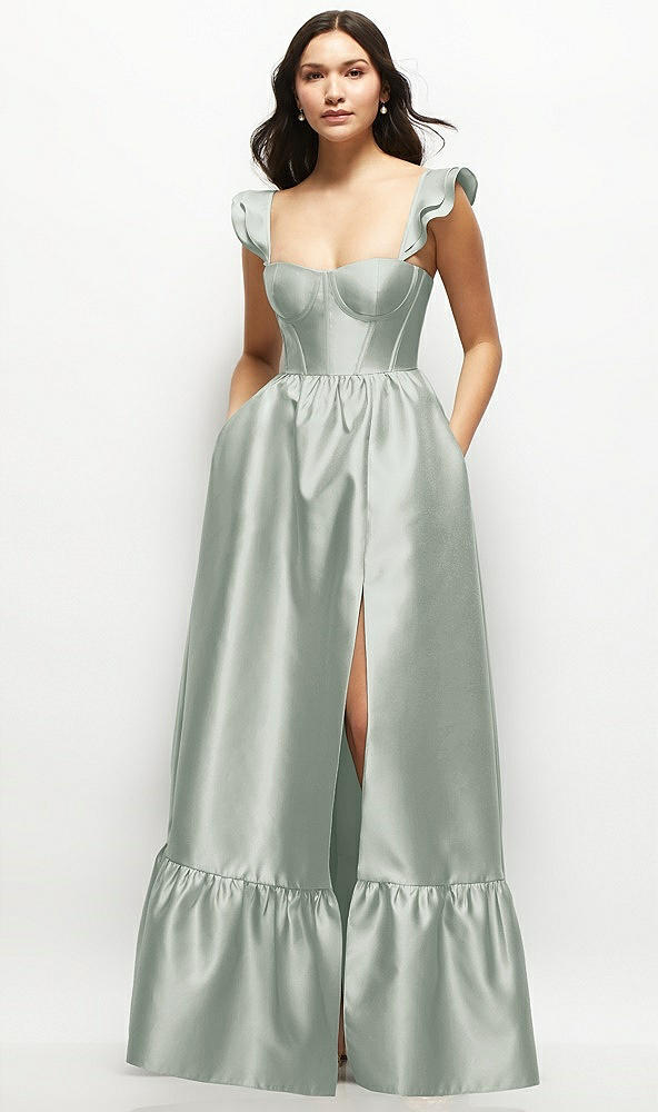 Front View - Willow Green Satin Corset Maxi Dress with Ruffle Straps & Skirt