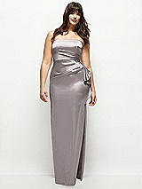 Front View Thumbnail - Cashmere Gray Strapless Draped Skirt Satin Maxi Dress with Cascade Ruffle