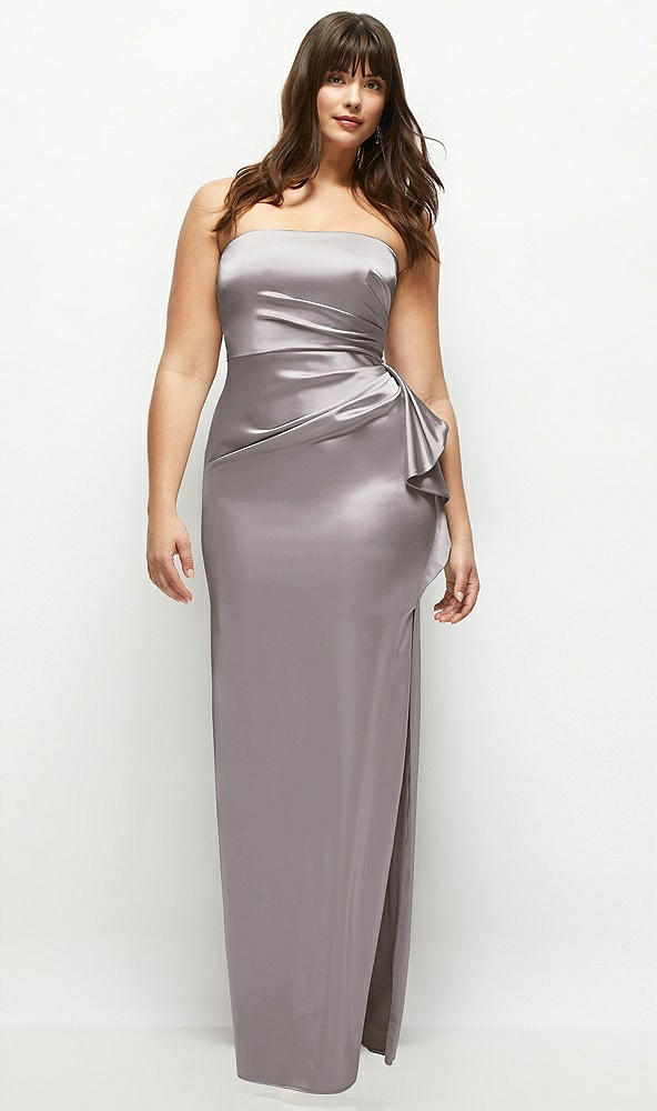 Front View - Cashmere Gray Strapless Draped Skirt Satin Maxi Dress with Cascade Ruffle