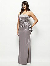 Side View Thumbnail - Cashmere Gray Strapless Draped Skirt Satin Maxi Dress with Cascade Ruffle