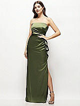Alt View 1 Thumbnail - Olive Green Strapless Draped Skirt Satin Maxi Dress with Cascade Ruffle