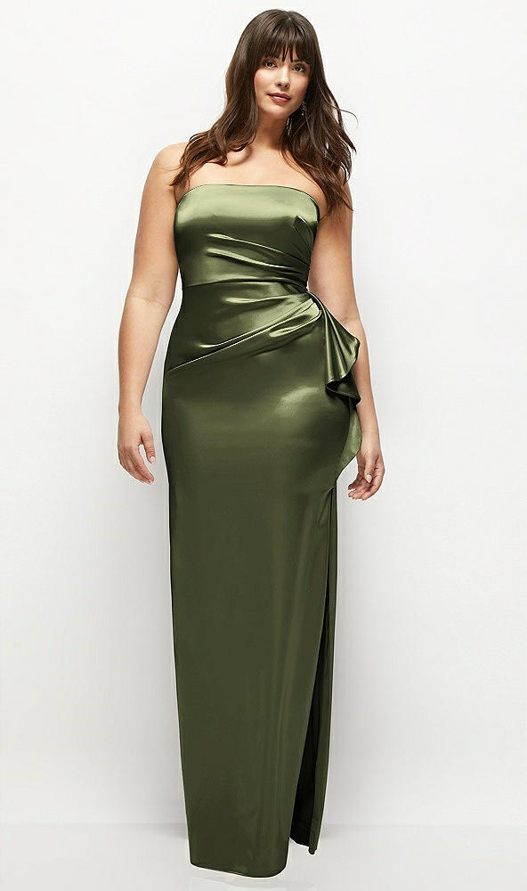 Front View - Olive Green Strapless Draped Skirt Satin Maxi Dress with Cascade Ruffle