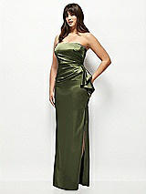 Side View Thumbnail - Olive Green Strapless Draped Skirt Satin Maxi Dress with Cascade Ruffle
