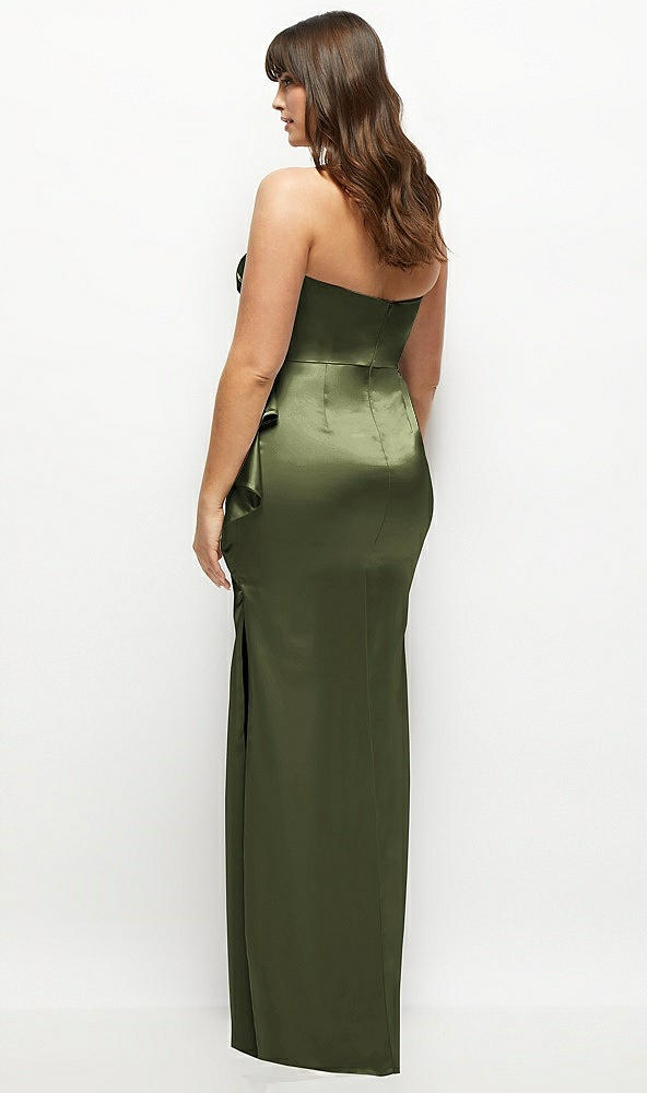 Back View - Olive Green Strapless Draped Skirt Satin Maxi Dress with Cascade Ruffle