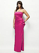 Side View Thumbnail - Think Pink Strapless Draped Skirt Satin Maxi Dress with Cascade Ruffle