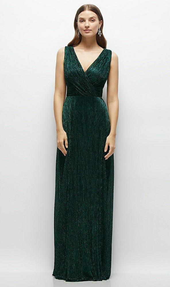 Front View - Metallic Evergreen Draped V-Neck Pleated Metallic Maxi Dress with Deep V-Back