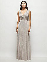 Front View Thumbnail - Metallic Taupe Draped V-Neck Pleated Metallic Maxi Dress with Deep V-Back
