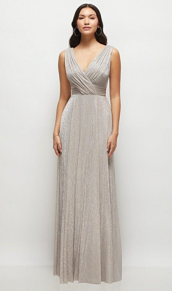 Front View - Metallic Taupe Draped V-Neck Pleated Metallic Maxi Dress with Deep V-Back