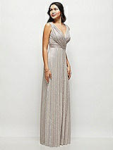 Side View Thumbnail - Metallic Taupe Draped V-Neck Pleated Metallic Maxi Dress with Deep V-Back