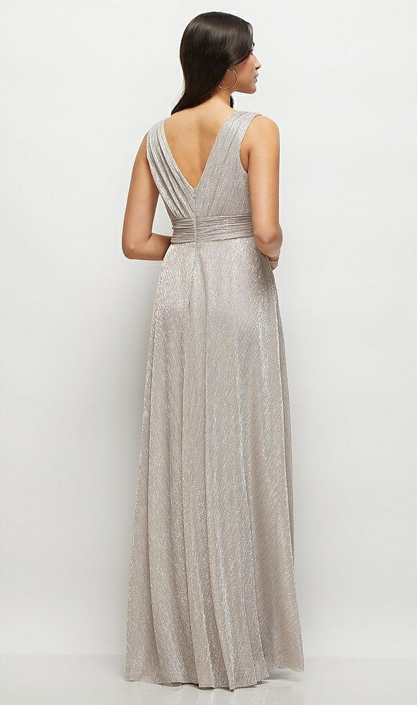 Back View - Metallic Taupe Draped V-Neck Pleated Metallic Maxi Dress with Deep V-Back