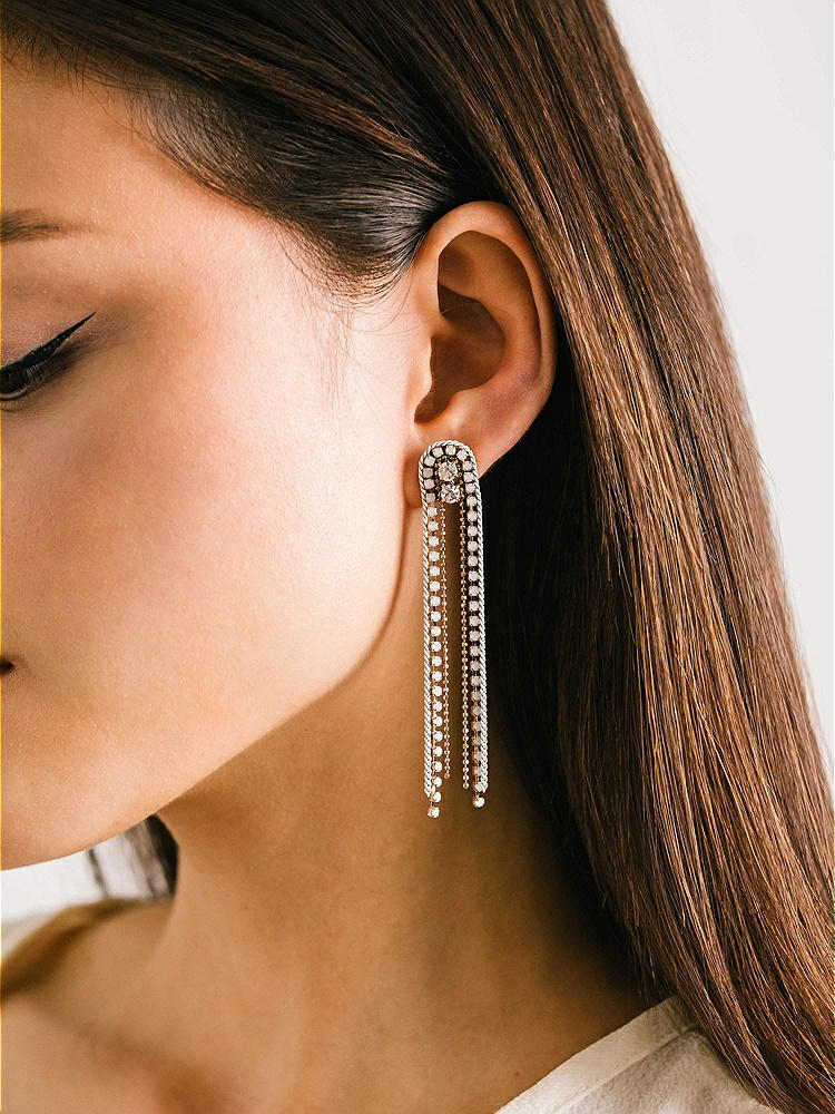 Front View - White Waterfall Fringe Crystal Earrings