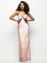 Alt View 1 Thumbnail - Bow And Blossom Print Strapless Floral Satin Column Maxi Dress with Oversized Bow