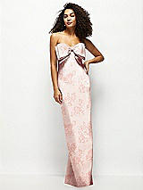 Front View Thumbnail - Bow And Blossom Print Strapless Floral Satin Column Maxi Dress with Oversized Bow
