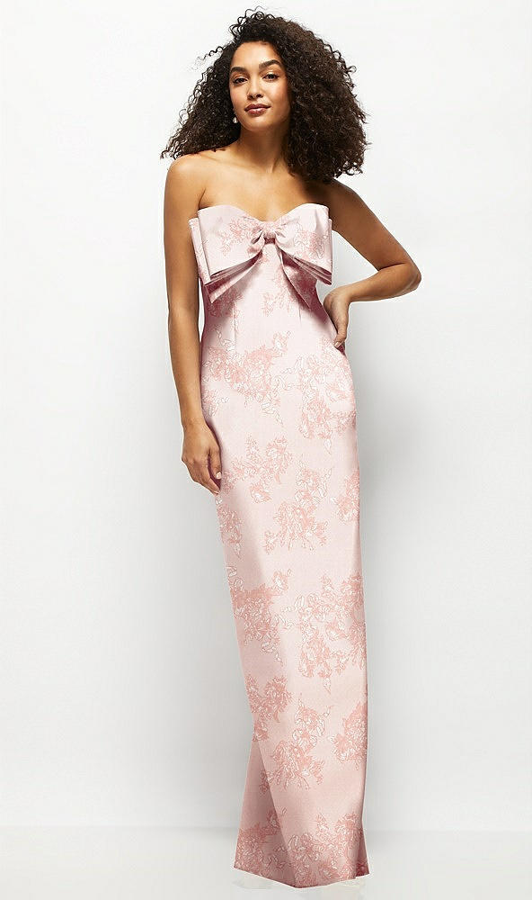 Front View - Bow And Blossom Print Strapless Floral Satin Column Maxi Dress with Oversized Bow