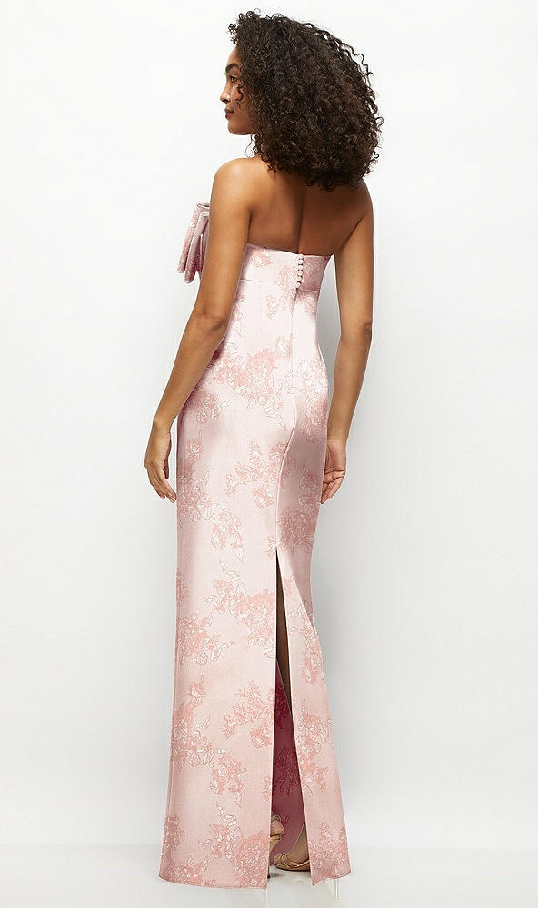 Back View - Bow And Blossom Print Strapless Floral Satin Column Maxi Dress with Oversized Bow