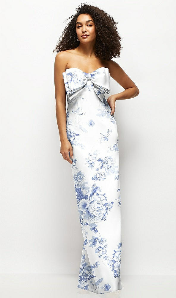 Front View - Cottage Rose Larkspur Strapless Floral Satin Column Maxi Dress with Oversized Bow