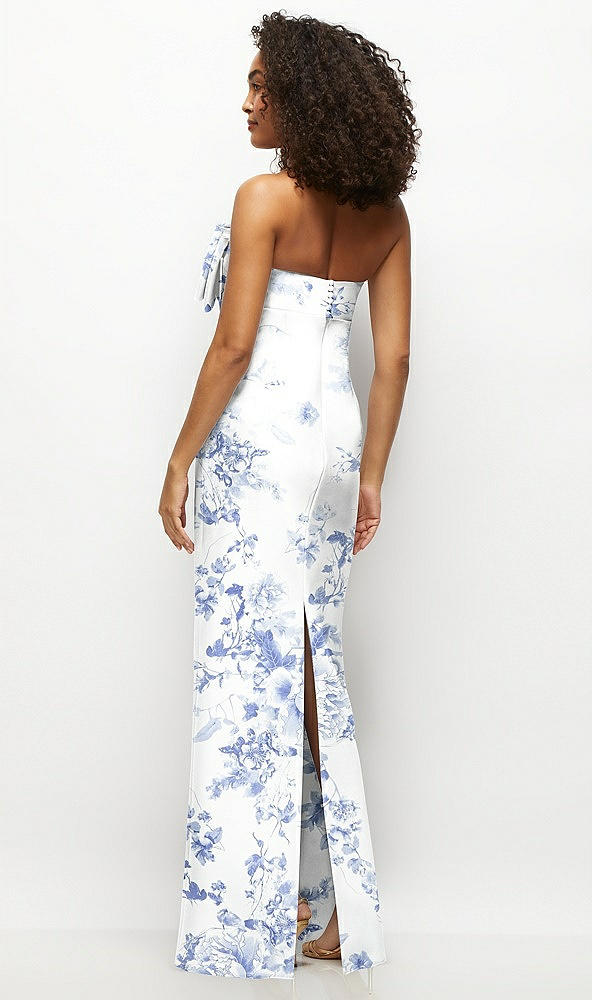 Back View - Cottage Rose Larkspur Strapless Floral Satin Column Maxi Dress with Oversized Bow