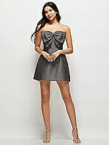 Front View Thumbnail - Caviar Gray Strapless Bell Skirt Satin Mini Dress with Oversized Bow