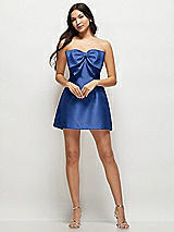 Front View Thumbnail - Classic Blue Strapless Bell Skirt Satin Mini Dress with Oversized Bow
