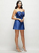 Side View Thumbnail - Classic Blue Strapless Bell Skirt Satin Mini Dress with Oversized Bow
