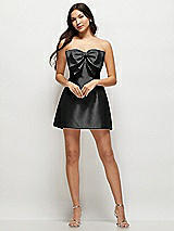 Front View Thumbnail - Black Strapless Bell Skirt Satin Mini Dress with Oversized Bow