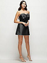 Side View Thumbnail - Black Strapless Bell Skirt Satin Mini Dress with Oversized Bow