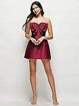Front View Thumbnail - Burgundy Strapless Bell Skirt Satin Mini Dress with Oversized Bow