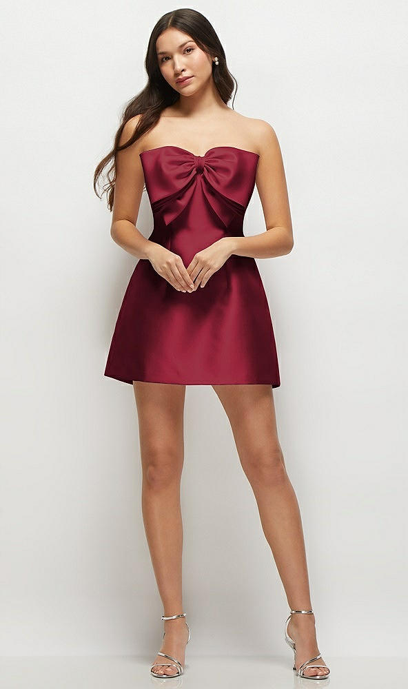 Front View - Burgundy Strapless Bell Skirt Satin Mini Dress with Oversized Bow