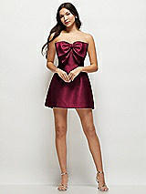 Front View Thumbnail - Cabernet Strapless Bell Skirt Satin Mini Dress with Oversized Bow