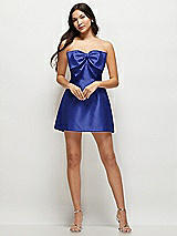 Front View Thumbnail - Cobalt Blue Strapless Bell Skirt Satin Mini Dress with Oversized Bow