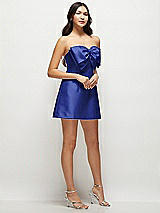 Side View Thumbnail - Cobalt Blue Strapless Bell Skirt Satin Mini Dress with Oversized Bow