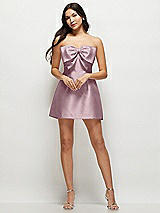 Front View Thumbnail - Dusty Rose Strapless Bell Skirt Satin Mini Dress with Oversized Bow