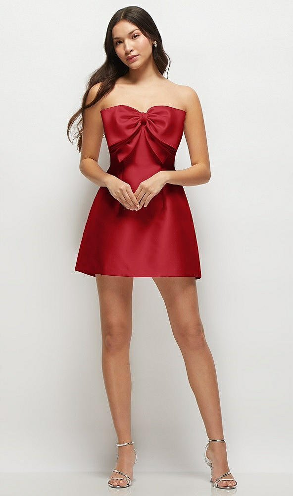 Front View - Garnet Strapless Bell Skirt Satin Mini Dress with Oversized Bow