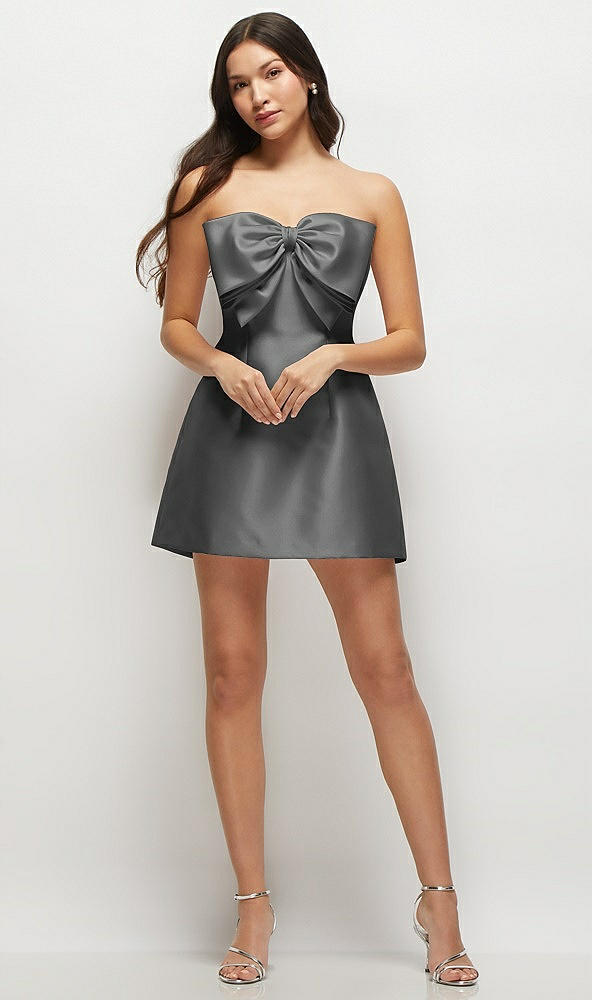Front View - Gunmetal Strapless Bell Skirt Satin Mini Dress with Oversized Bow