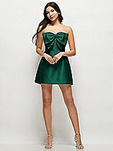 Front View Thumbnail - Hunter Green Strapless Bell Skirt Satin Mini Dress with Oversized Bow
