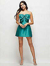 Front View Thumbnail - Jade Strapless Bell Skirt Satin Mini Dress with Oversized Bow