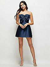Front View Thumbnail - Midnight Navy Strapless Bell Skirt Satin Mini Dress with Oversized Bow