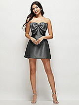 Front View Thumbnail - Pewter Strapless Bell Skirt Satin Mini Dress with Oversized Bow