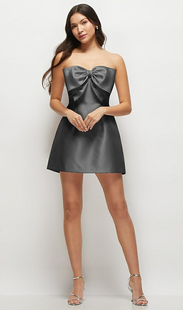 Front View - Pewter Strapless Bell Skirt Satin Mini Dress with Oversized Bow