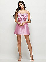 Front View Thumbnail - Powder Pink Strapless Bell Skirt Satin Mini Dress with Oversized Bow