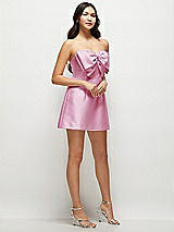 Side View Thumbnail - Powder Pink Strapless Bell Skirt Satin Mini Dress with Oversized Bow
